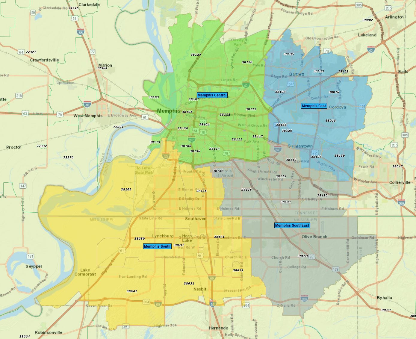 37501 Zip Code Map RealZips GeoData - Memphis Tennessee Neighborhoods - by Zip – RealDatasets